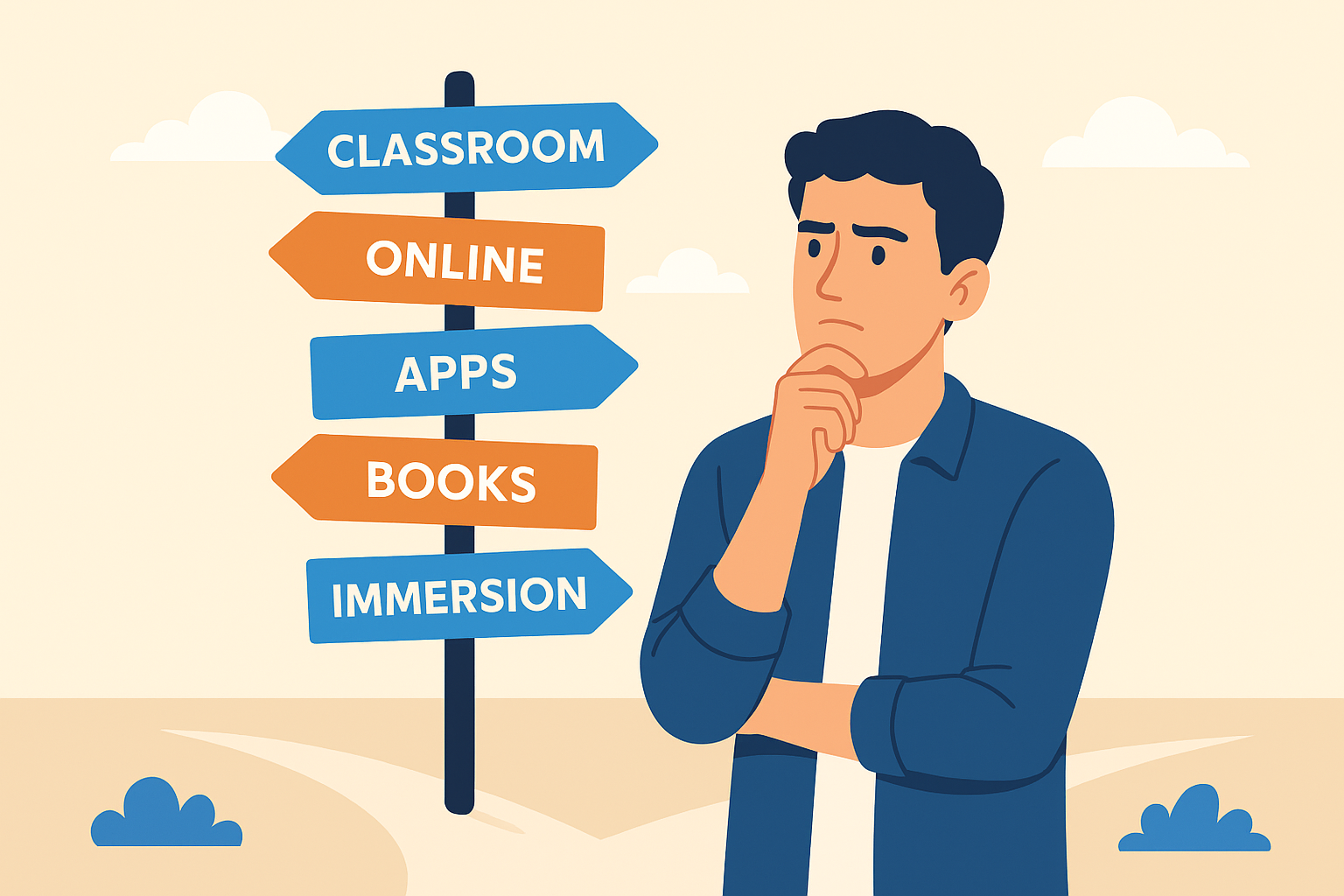 Man looking to crossroad signs