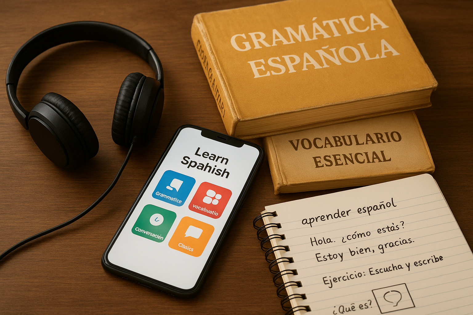 Desk with a book, notebook, headphones and a smartphone with an app Desk with a book, notebook, headphones and a smartphone with an app