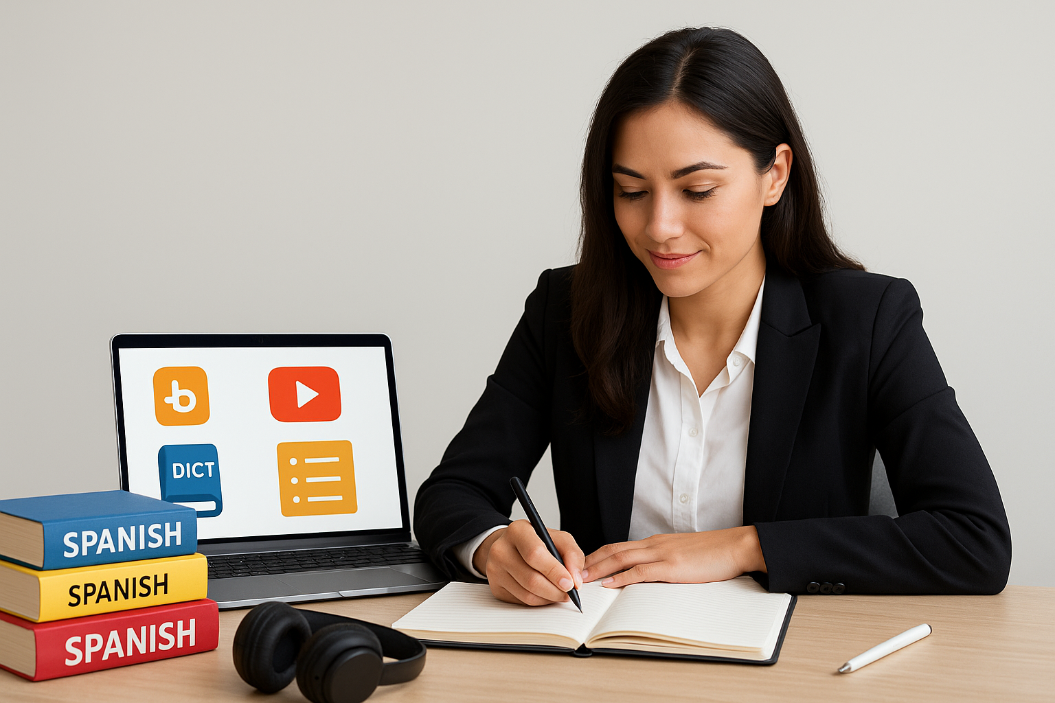 Woman learning Spanish on her own